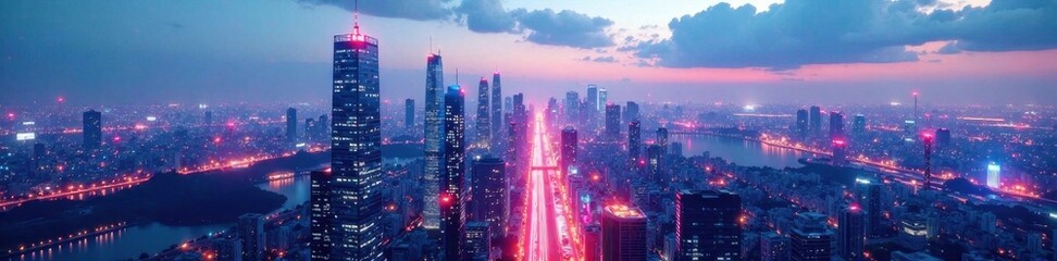 Fototapeta premium Futuristic cityscape at night with skyscrapers and neon lights against a white futuristic background, cityscape, architecture, neon