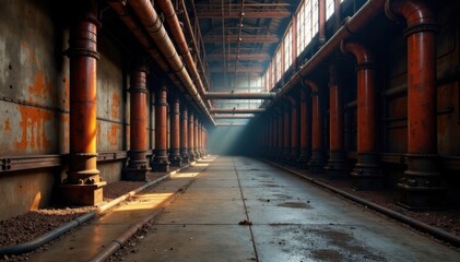 Fototapeta premium Rusty industrial landscape with exposed pipes, cityscape, decaying, abandoned