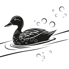 Duck Swimming Line Art With Bubbles, Wildlife Silhouette in Water