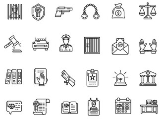 Law and justice set of web icons in linear style. Justice and law icons for web and mobile app. Legal documents. Law, judgement, prison, justice, court legal, lawyer, criminal. Vector illustration