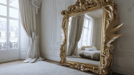 Parisian bedroom reflection, ornate mirror, city view