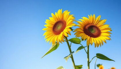 Obraz premium Two vibrant sunflowers bask in sunlight against a clear blue sky Ample copy space, sunflowers, bright colors