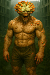 Man infected by fungus with a deformed head, destroyed city, apocalyptic setting