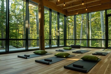 Empty clean yoga gym room studio interior with big windows mats on wooden floor. Place for yoga exercises group meditation practices retreats sessions background in natural forest garden area building