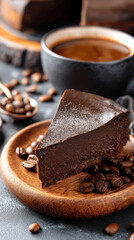 A slice of chocolate cake with coffee