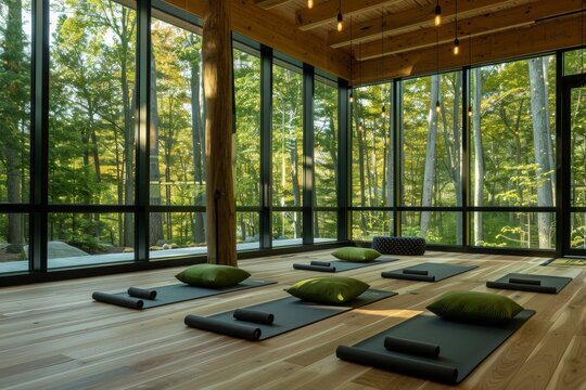 Empty clean yoga gym room studio interior with big windows mats on wooden floor. Place for yoga exercises group meditation practices retreats sessions background in natural forest garden area building