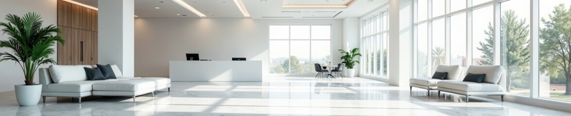 Modern office lobby with white walls and sleek furniture, clean, lobby, minimalist