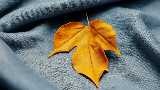 A vibrant orange leaf resting on a soft blue fabric, creating a cozy autumn atmosphere