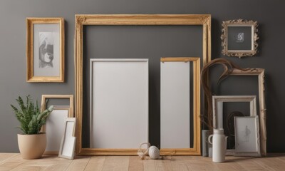 Stylish photo frame collage mockup, various shapes and colors, decorative elements,  artwork,  collection