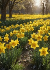 Fototapeta premium Sunlit field of vibrant yellow daffodils in full bloom, petals glistening , floral, idyllic, sun