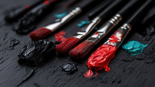 Artist paintbrushes with vibrant colors on a dark surface
