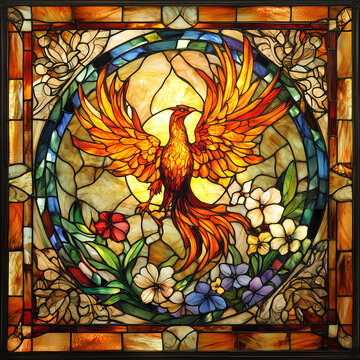 Vibrant stained glass depicts a phoenix surrounded by blooming flowers and foliage