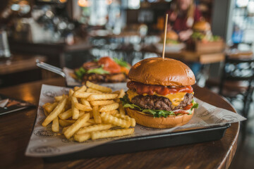 Juicy Gourmet Cheeseburger with Crispy Fries on Rustic Wooden Table in Cozy Diner Atmosphere