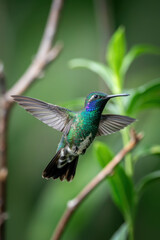 Fototapeta premium Graceful Hummingbird in Mid-Flight with Vibrant Green Feathers Against a Lush Natural Background