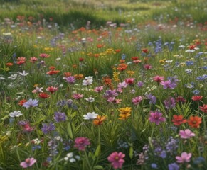 Obraz premium Wildflower profusion, diverse blooms in a lush meadow , outdoor, diverse