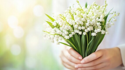 Bouquet of delicate white lilies of the valley held by a person in a softly lit setting during spring