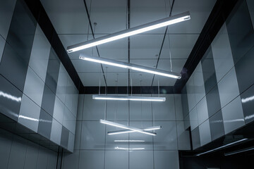 Obraz premium Futuristic Minimalist Interior with Geometric LED Lighting in Cool Monochrome Hues