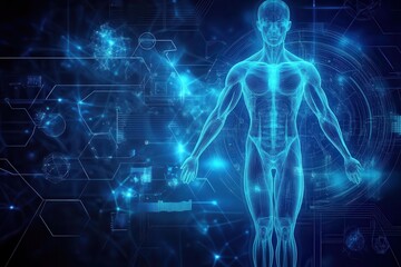 Digital representation of the human anatomy overlaid with technological interface.