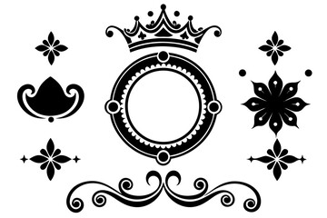 This decorative vintage frame design features an ornate floral pattern with a regal crown, evoking antique elegance