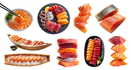 Collection set of sashimi sushi, many ingredient, platter bowl tray , chopstick, wooden boat, raw fish tuna salmon octopus Mackerel Yellowtail squid on transparent cutout PNG. Mockup template	
