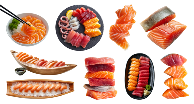 Collection set of sashimi sushi, many ingredient, platter bowl tray , chopstick, wooden boat, raw fish tuna salmon octopus Mackerel Yellowtail squid on transparent cutout PNG. Mockup template