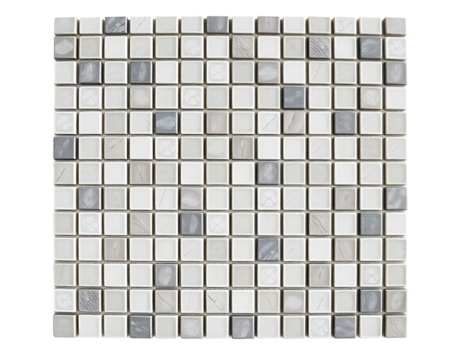 Close-up view of a mosaic tile surface with square tiles in various neutral tones.
