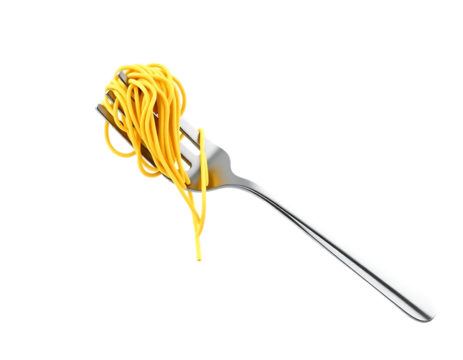 Spaghetti on a fork, isolated on transparent background.