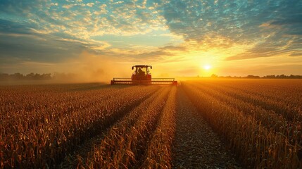 Fototapeta premium Golden sunset over a harvested field with a working agricultural machine.