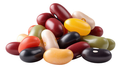 A pile of colorful jelly beans including red, yellow, black, and green pieces.