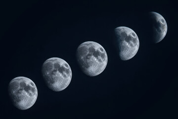 Naklejka premium Captivating Phases of the Moon in Dark Night Sky with Silvery Luminescence