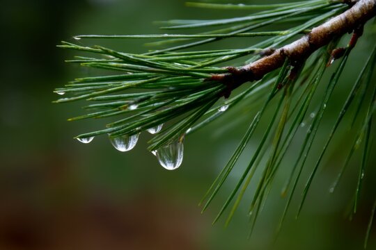 Close-up of evergreen branch with water droplets clinging to needles, showcasing freshness and nature's detail on a blurred background.