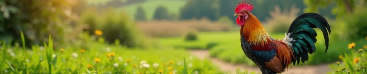 Fototapeta premium Colorful rooster standing proudly on a farm yard, countryside, rooster, farm