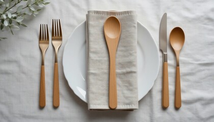 Elegant Table Setting with Wooden Spoons and Gold Cutlery on Linen
