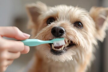 Close-up of a hand brushing a dog teeth with a toothbrush