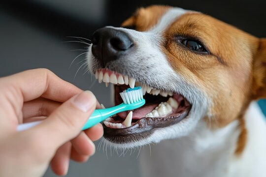 Close-up of a hand brushing a dog teeth with a toothbrush