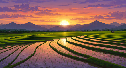 Sunset Serenity: Vibrant Rice Terraces and Mountain Vista
