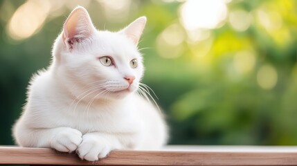 White cat rests calmly on wooden surface while gazing at blurred greenery in early morning light