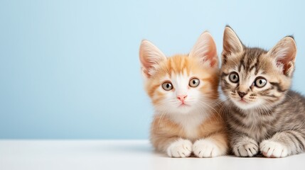 Two adorable kittens sitting together against a light blue background in a cozy indoor setting