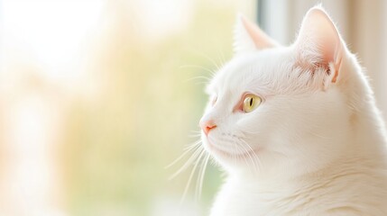 White cat gazes thoughtfully out the window during sunny afternoon, capturing the essence of serene contemplation