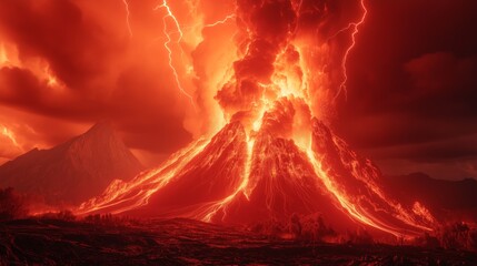 Volcano erupting with lava and lightning..