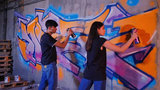 Friends painting graffiti art together on urban wall with spray cans.