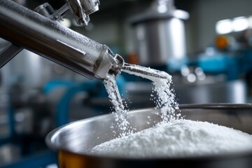 Powder Filling Process: Silver Spout Discharges White Substance into Stainless Steel Bowl for Industrial Manufacturing