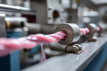 Close-up of a pink product being processed by an automated machine with metal rollers during industrial manufacturing