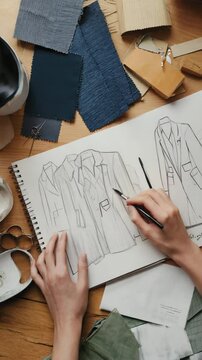Artist sketching fashion designs with pencil on a spiral-bound pad, surrounded by fabric swatches