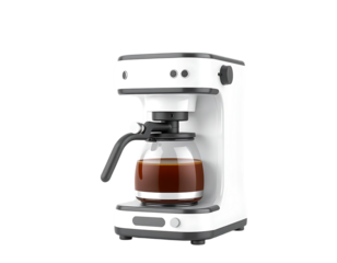 White coffee maker with a glass carafe filled with coffee.
