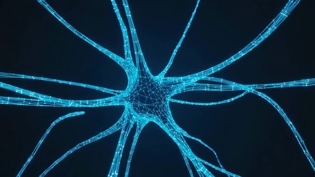 Abstract 3D model of neural network lit with blue pulse signals.