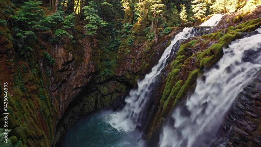 Poster Exploring a tranquil waterfall surrounded by lush greenery in a serene forest setting