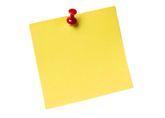 A longer rectangular sticky note pinned by a red pushpin, blank and isolated on transparent background.