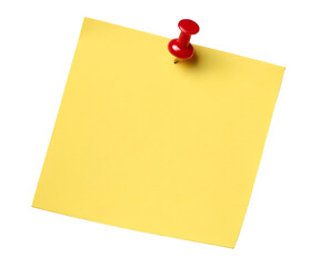A longer rectangular sticky note pinned by a red pushpin, blank and isolated on transparent background.