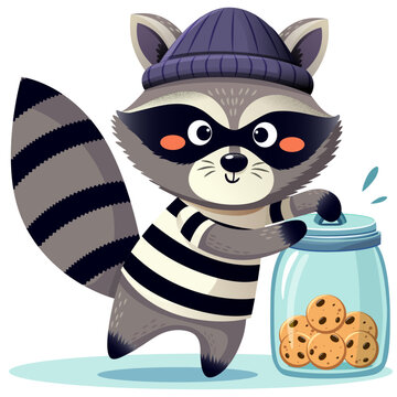 Raccoon thief with striped shirt stealing cookie jar. Vector illustration for mischievous characters, sneaky animal bandits, or cute troublemaker concepts. 